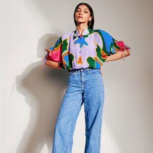 Short Sleeve Colorful Button-Up Blouse